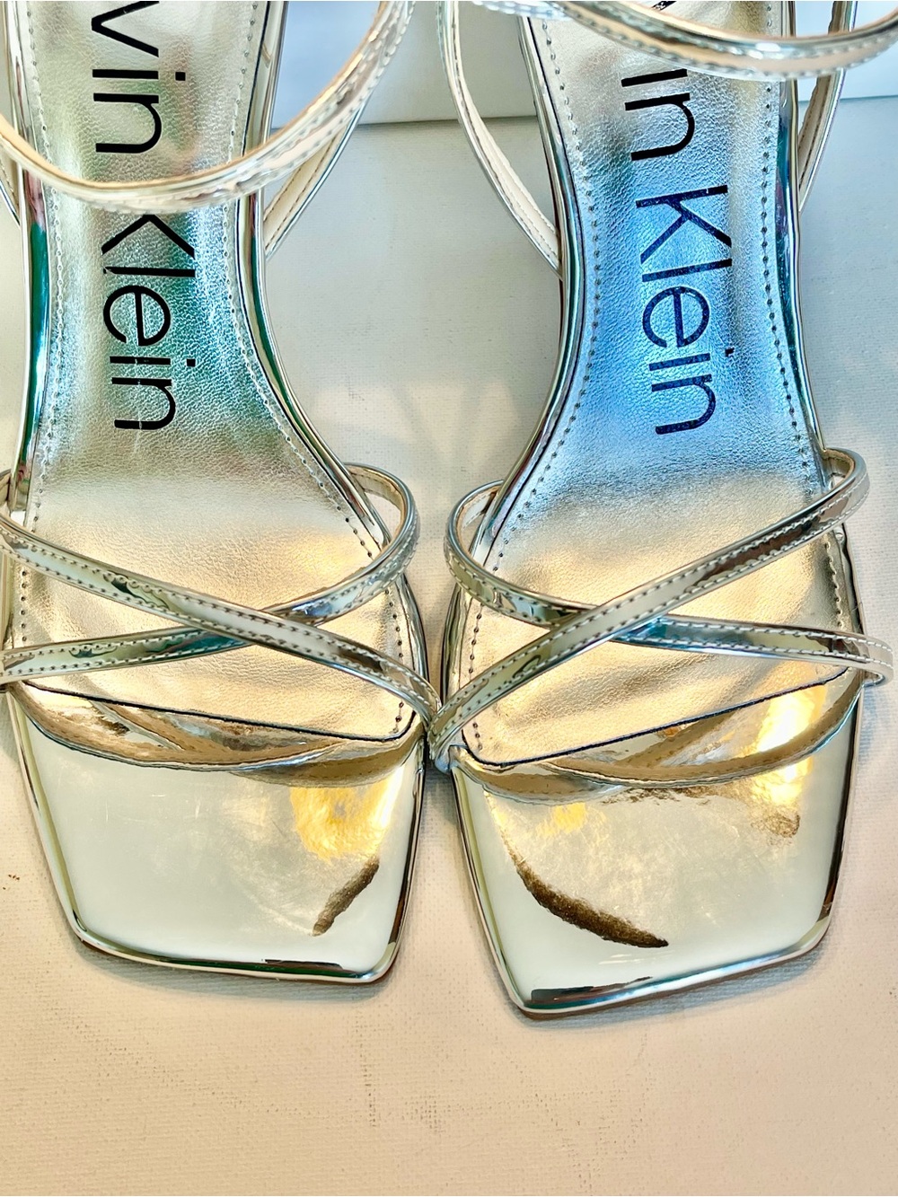 EUC CALVIN KLEIN TEGIN SILVER METALLIC STILETTO DRESS SANDAL SIZE 8M - Picture 8 of 15